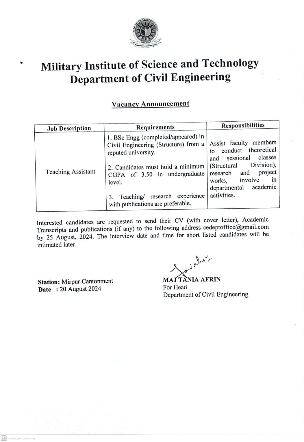 Employment Opportunities at Dept of CE